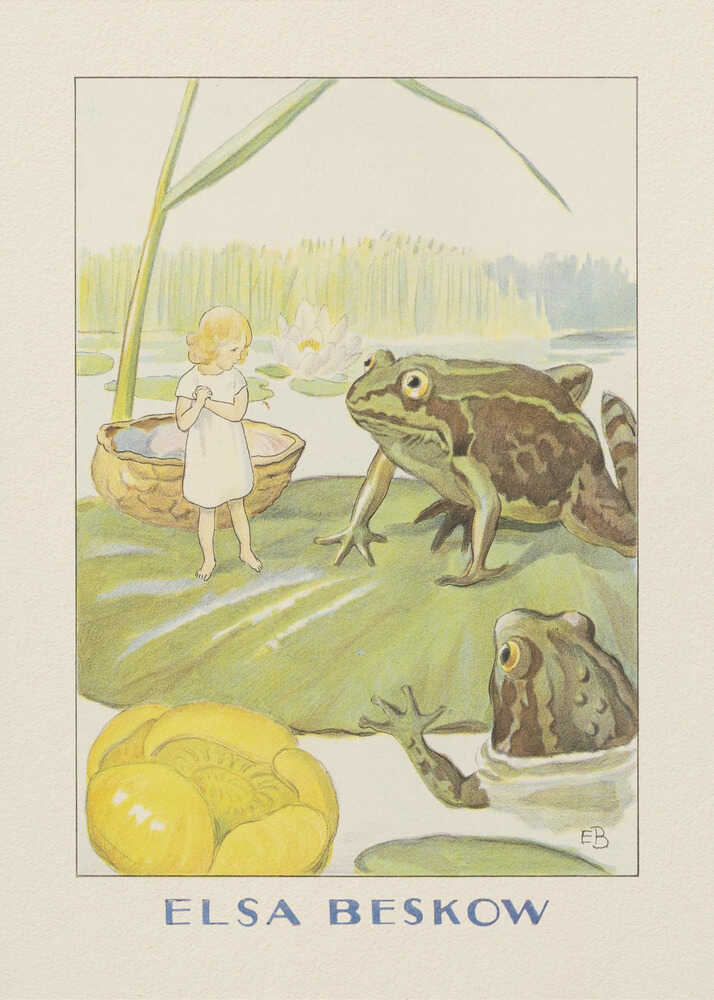 Elsa Beskow poster with a girl and frogs on a lily pad