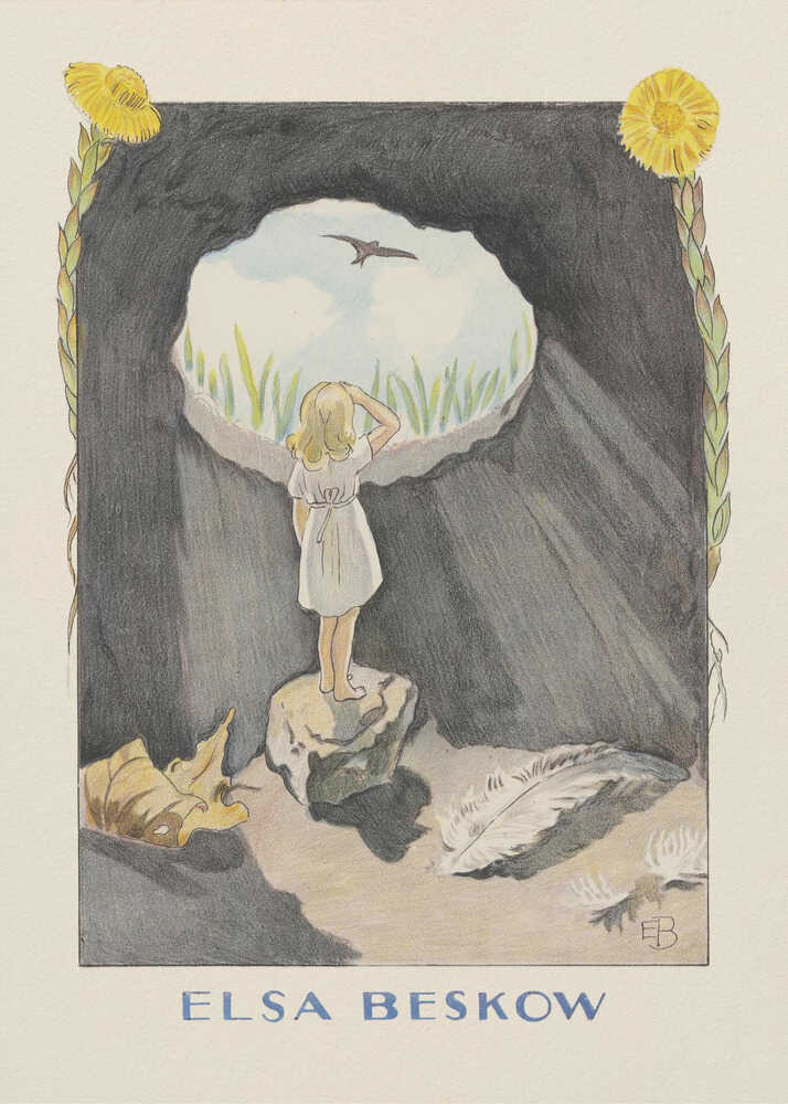 Elsa Beskow poster with a girl looking out from a cave at the spring sky
