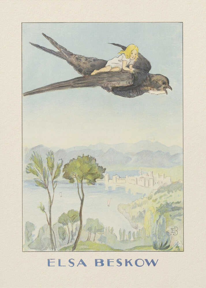 Elsa Beskow poster with a girl riding a swallow over a lake and a castle