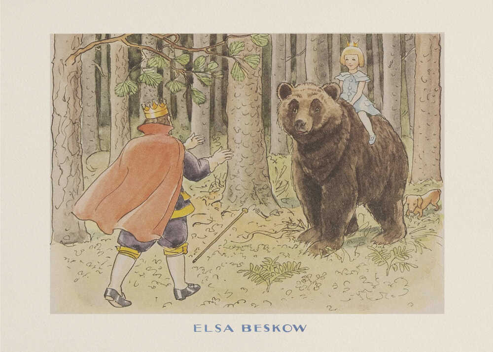 Elsa Beskow poster with a king and a girl riding a bear in the forest