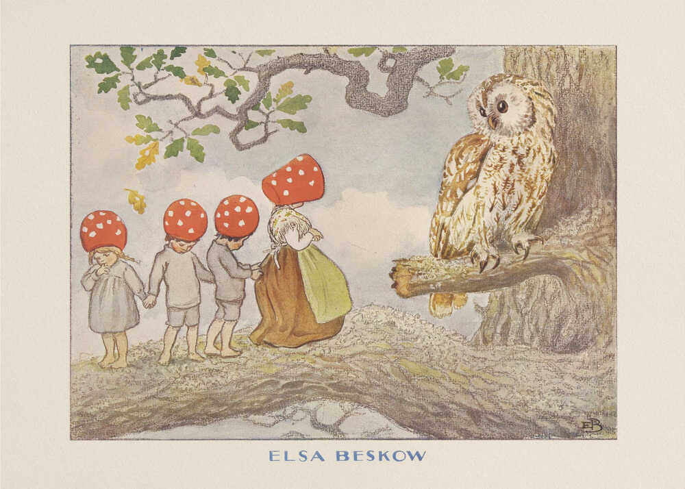 Elsa Beskow poster with mushroom children meeting an owl on a branch