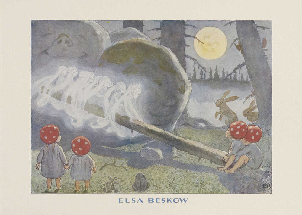 Elsa Beskow poster with mushroom children, hares and a full moon in the forest