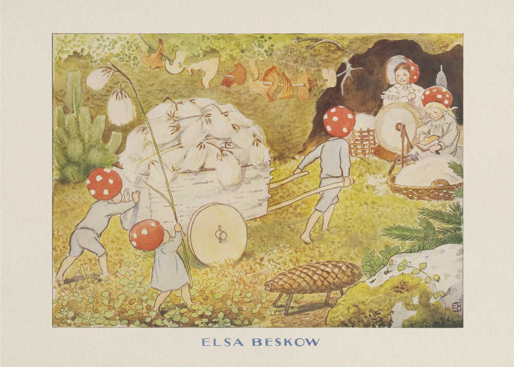 Elsa Beskow poster with mushroom children pulling a cart of white flowers