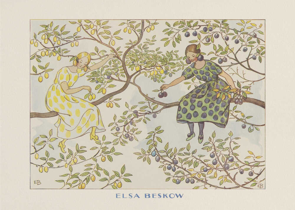 Elsa Beskow poster with two girls picking plums in a tree