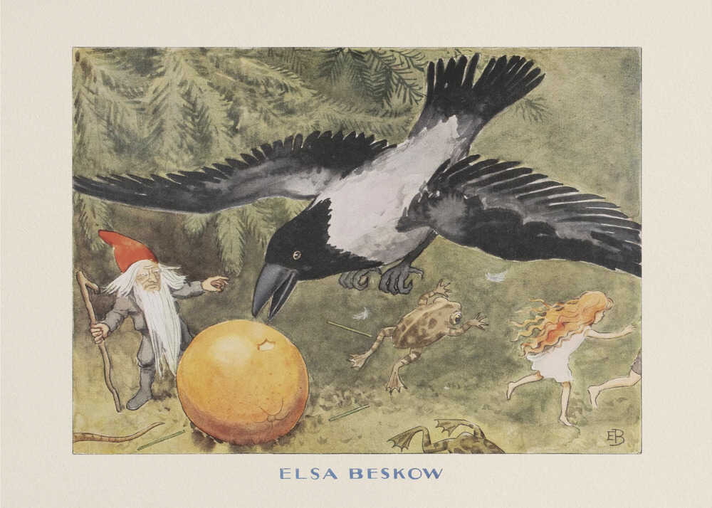 Elsa Beskow The Sun Egg poster with a gnome, a crow and a golden egg