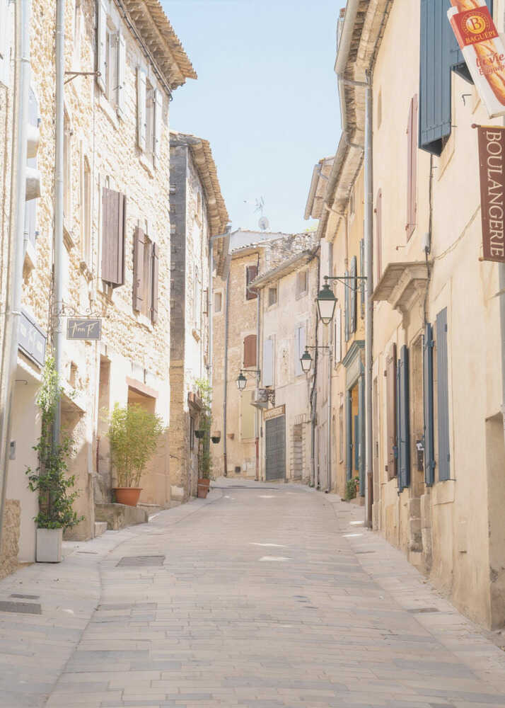 European alley poster with a narrow sunlit alley lined with stone and yellow buildings