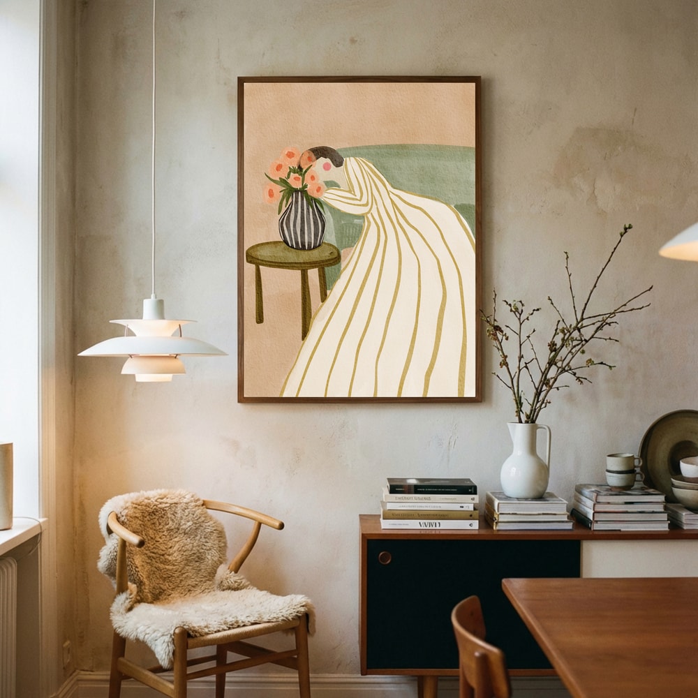 Poster mit einer Frau, die Blumen bewundert