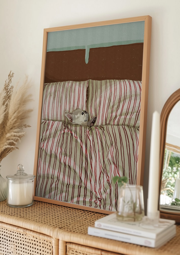 Poster mit gemütlichem Hund im Bett