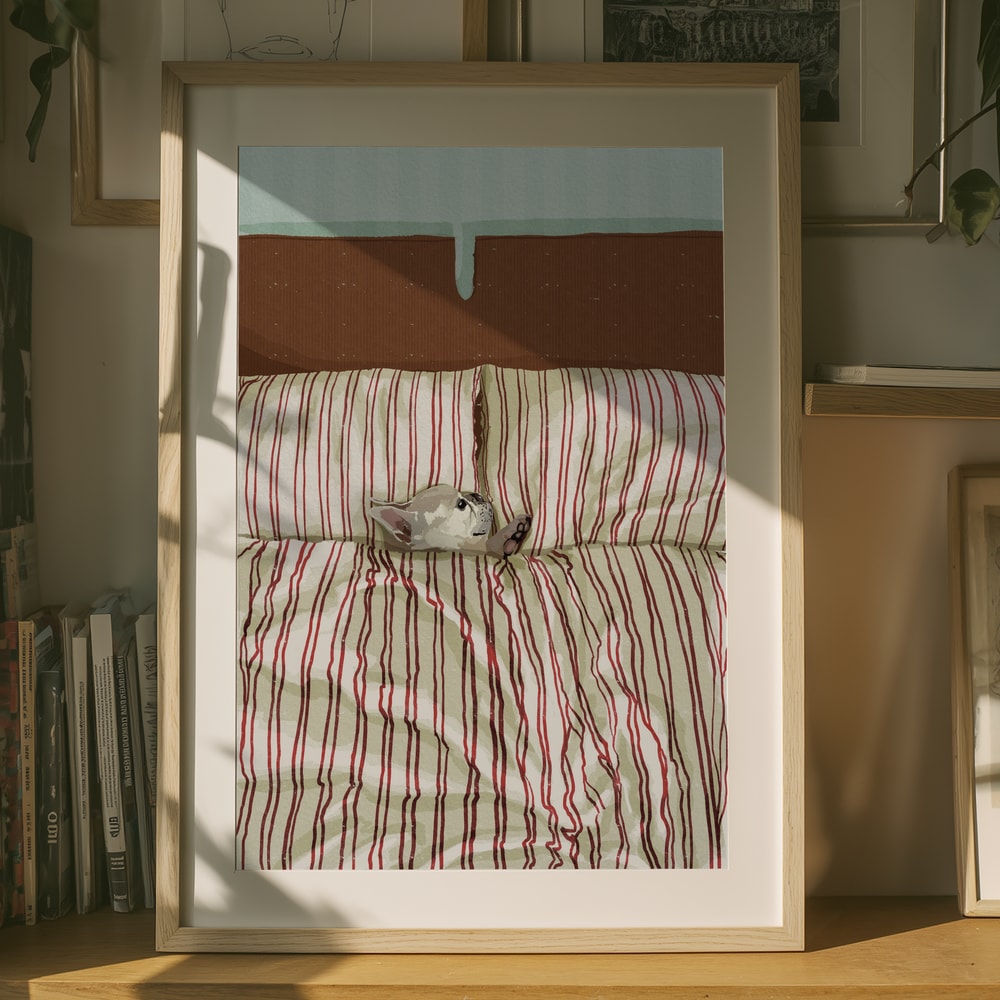 Poster mit gemütlichem Hund im Bett