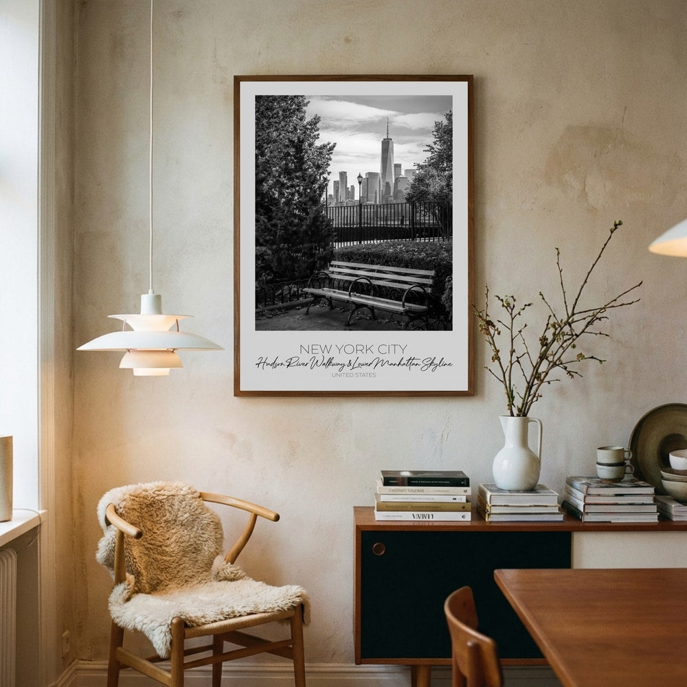 Poster mit Skyline von New York City und Parkbank