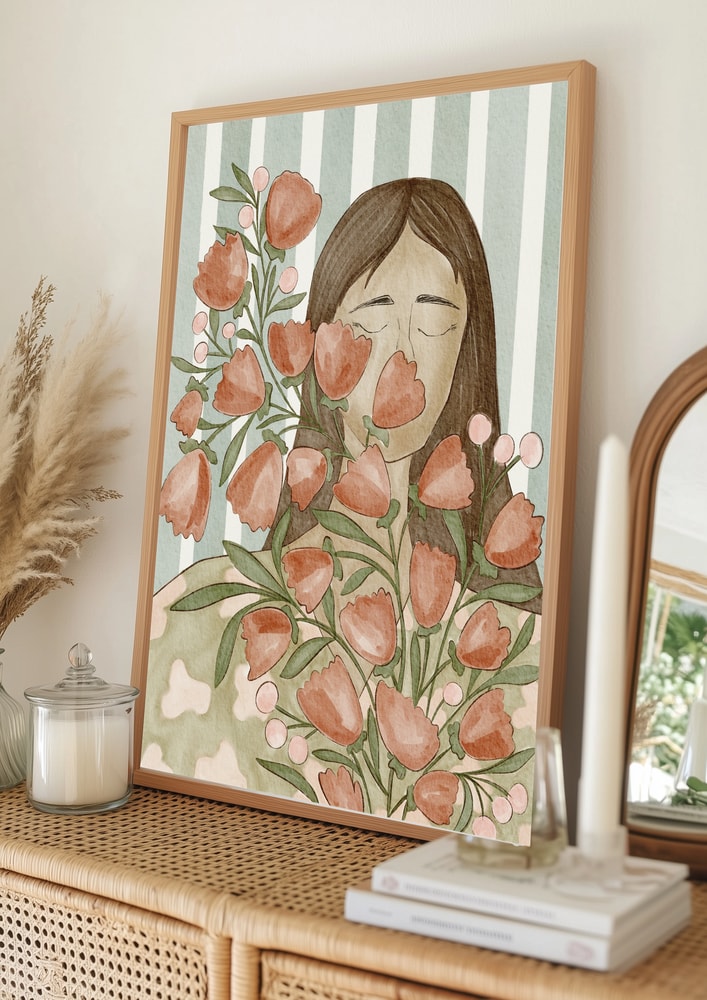 Poster mit einer gelassenen Frau und Blumen