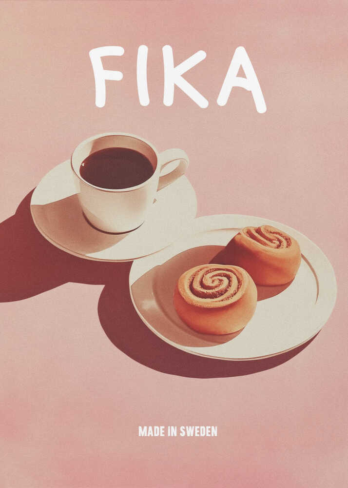 Fika poster with a coffee cup, cinnamon buns and the text Fika on pink