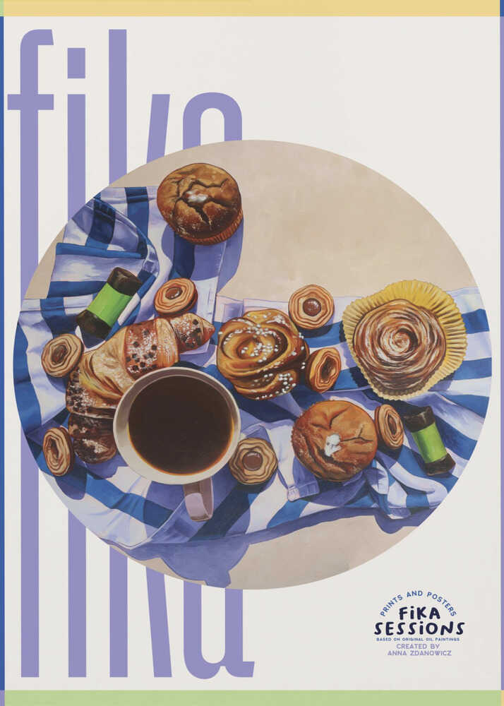 Fika Sessions pastries poster with a circular painting of coffee and pastries