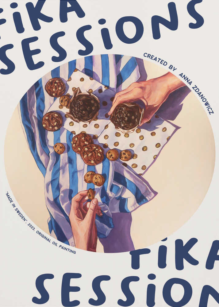 Fika Sessions poster with a circular painting of hands and cookies and the text Fika Sessions
