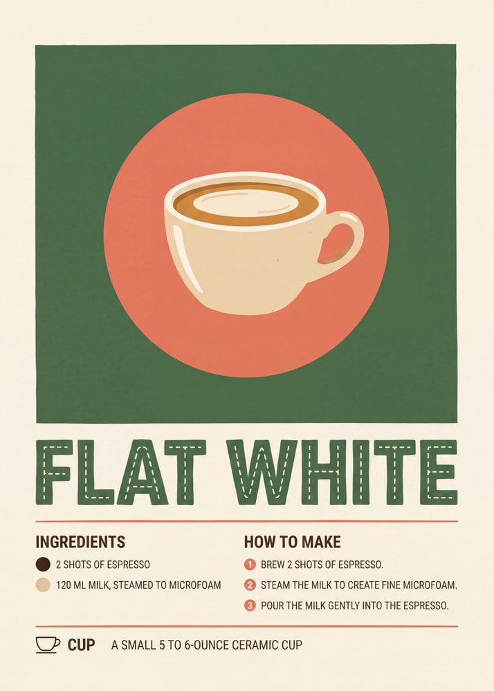 Flat White poster with a coffee cup illustration and recipe text