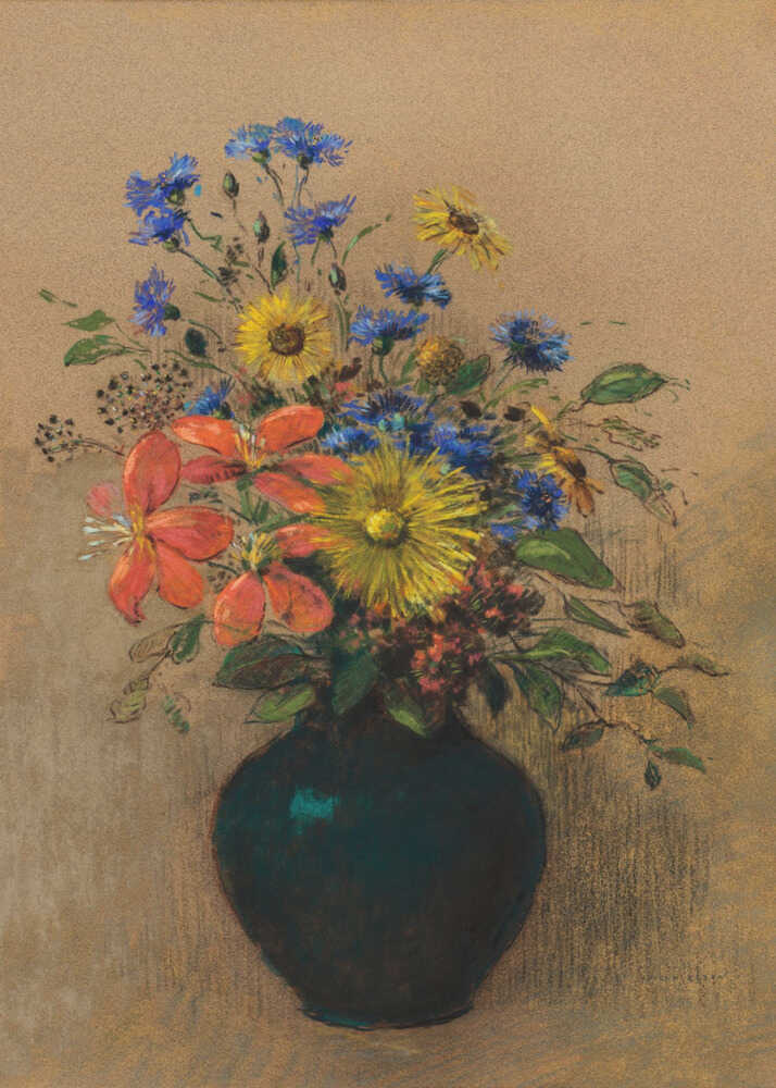 Flower bouquet dark vase poster with a colorful flower bouquet in a dark vase on a beige background