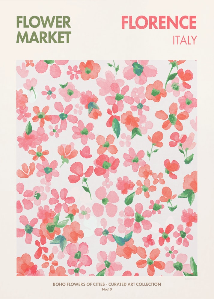 Flower market Florence poster with a watercolor illustration of pink and orange flowers labeled Flower Market Florence Italy