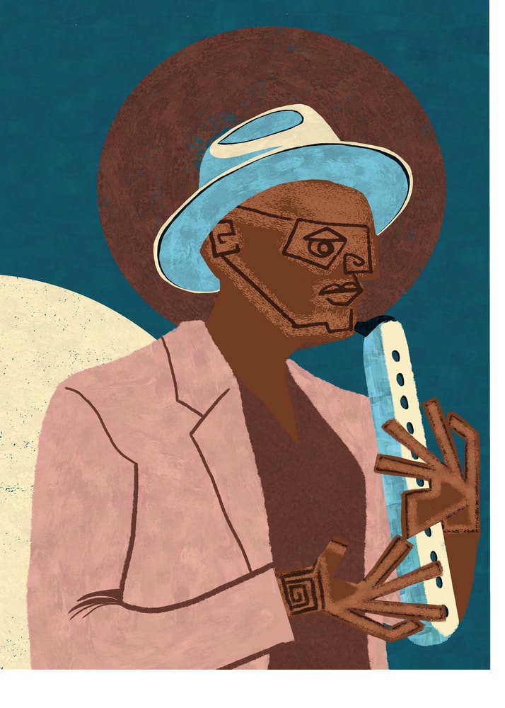 Flute player illustration poster with a stylized graphic of a man in a blue hat and pink jacket playing a flute