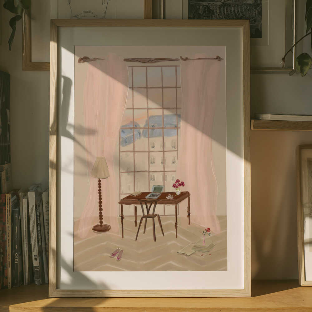 Paris Window View Illustration with Rustic Desk Poster
