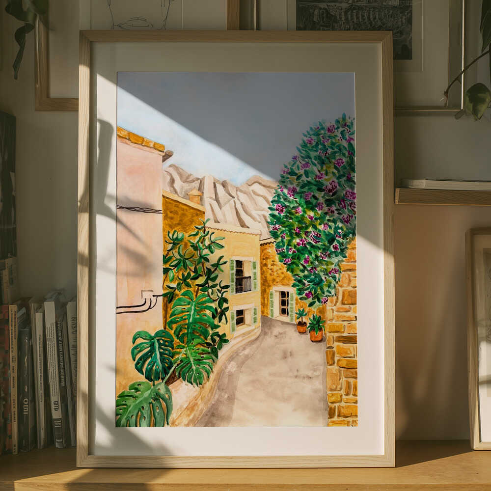 Poster einer sonnigen europäischen Dorfstraße