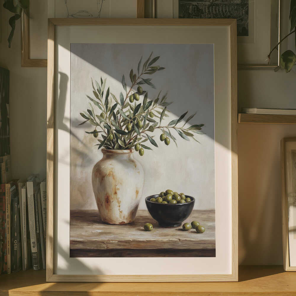 Eine Keramikschale mit Oliven – Poster