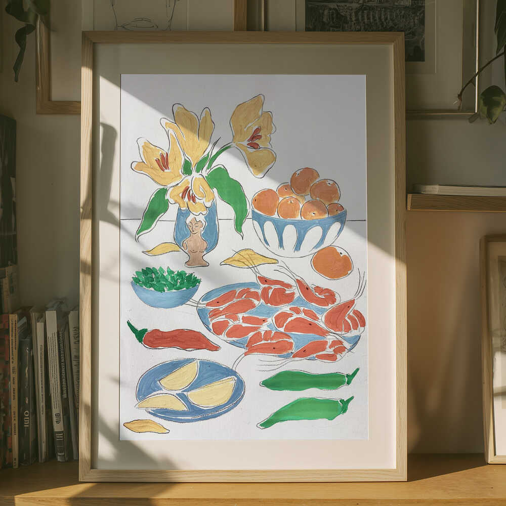 Poster mit frischen Blumen und Festmahl