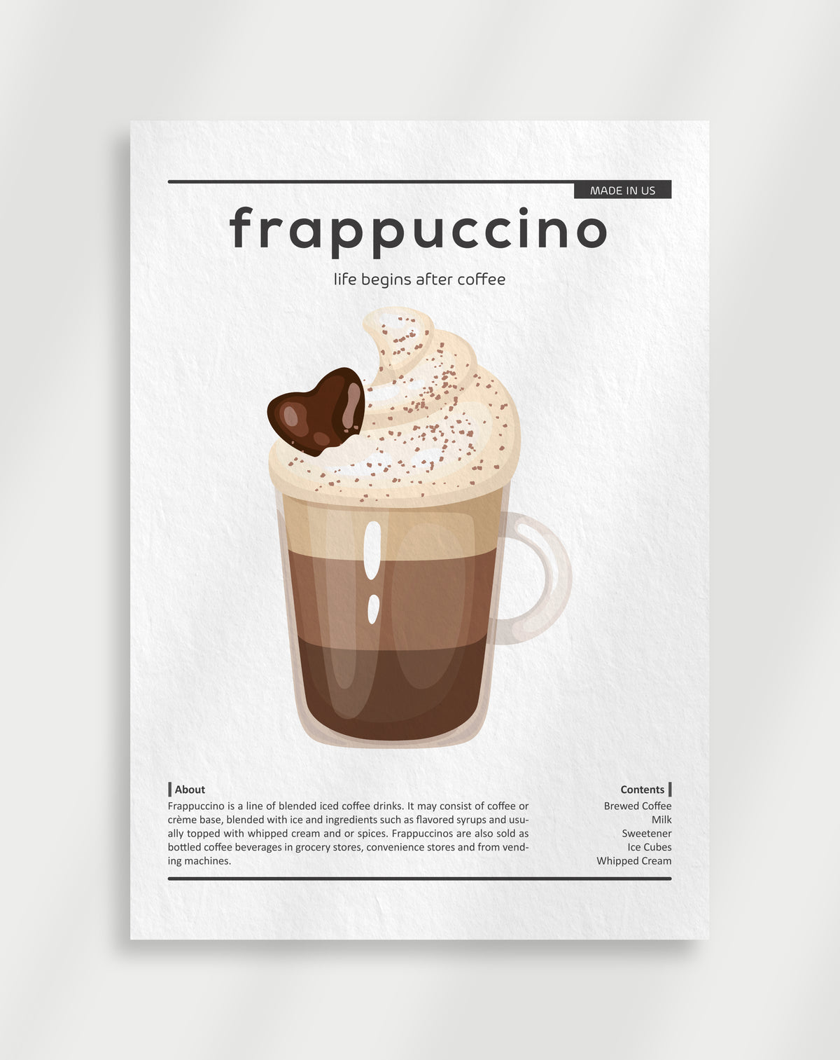 Frappuccino poster with an illustration of a layered frappuccino and the text frappuccino