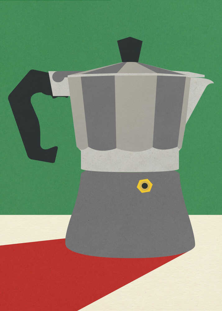 Geometric moka pot poster with a gray and silver moka pot on green with a red stripe