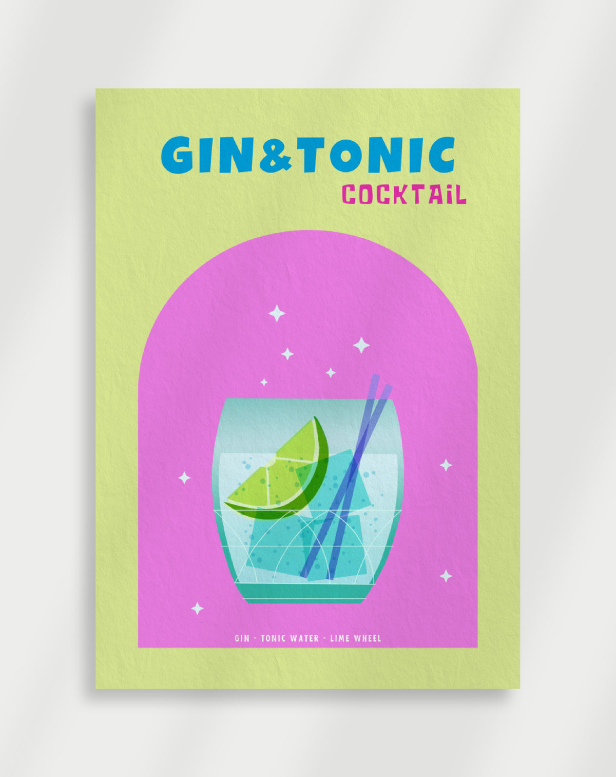 Gin and tonic graphic poster with a colorful illustration of a gin and tonic in a glass with lime and straws