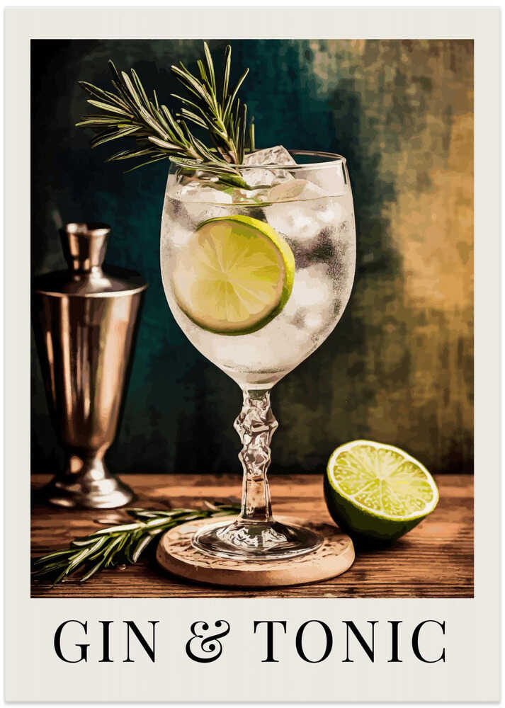 Gin and tonic poster with a painterly illustration of a Gin and Tonic in a glass with lime, rosemary and ice