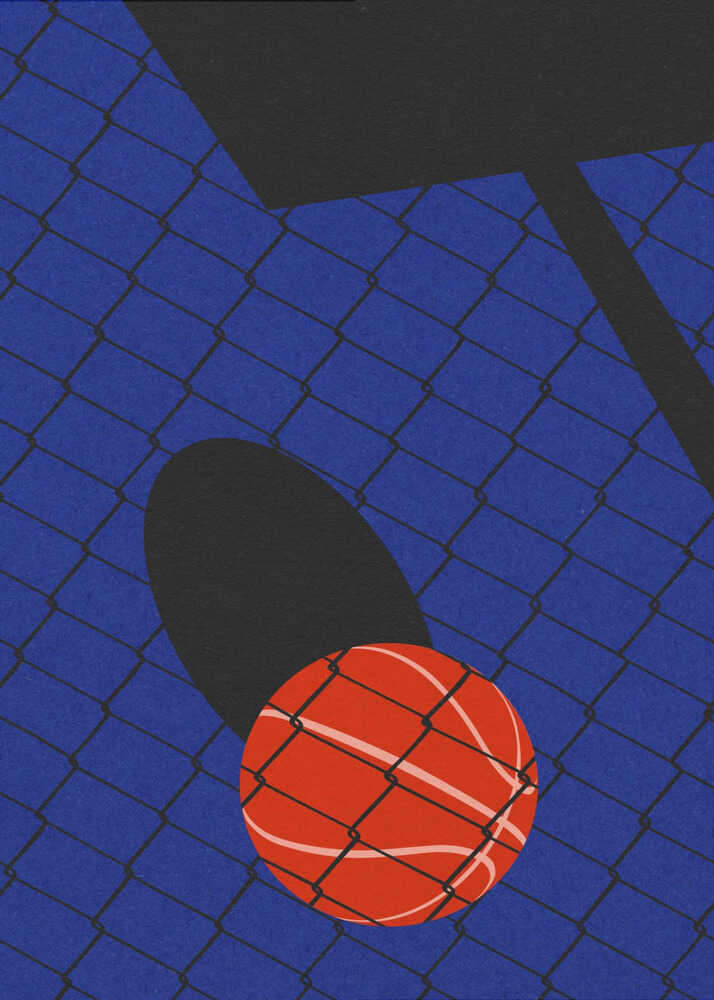 Graphic basketball fence poster with a graphic illustration of a red basketball on a blue chain-link fence