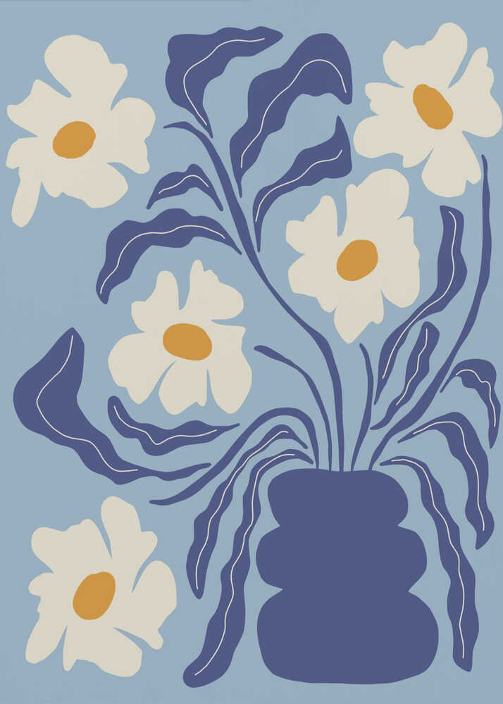 Graphic daisies blue vase poster with a graphic illustration of white daisies and blue leaves in a stacked blue vase