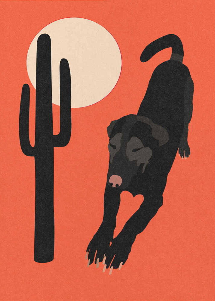 Graphic dog cactus poster with a graphic illustration of a black dog stretching next to a cactus on an orange background
