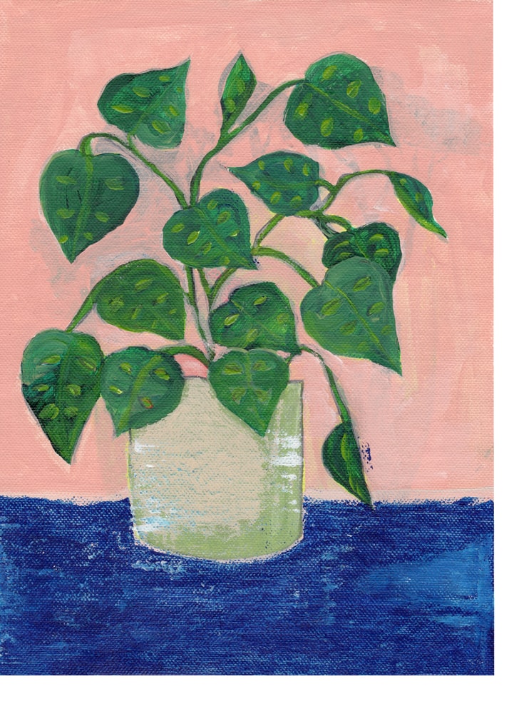 Green potted plant painting poster with a painterly illustration of a green leafy plant in a white pot on a blue surface