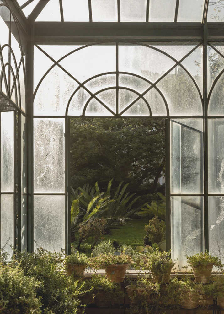 Greenhouse plants poster with plants in pots inside a greenhouse with arched windows