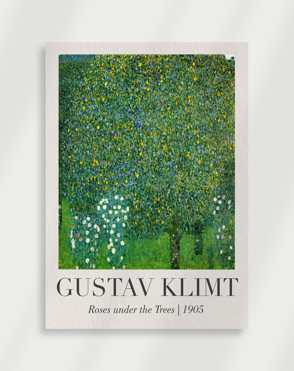 Gustav Klimt Roses under the Trees 1905 poster with a Gustav Klimt painting of a green landscape with trees and white roses