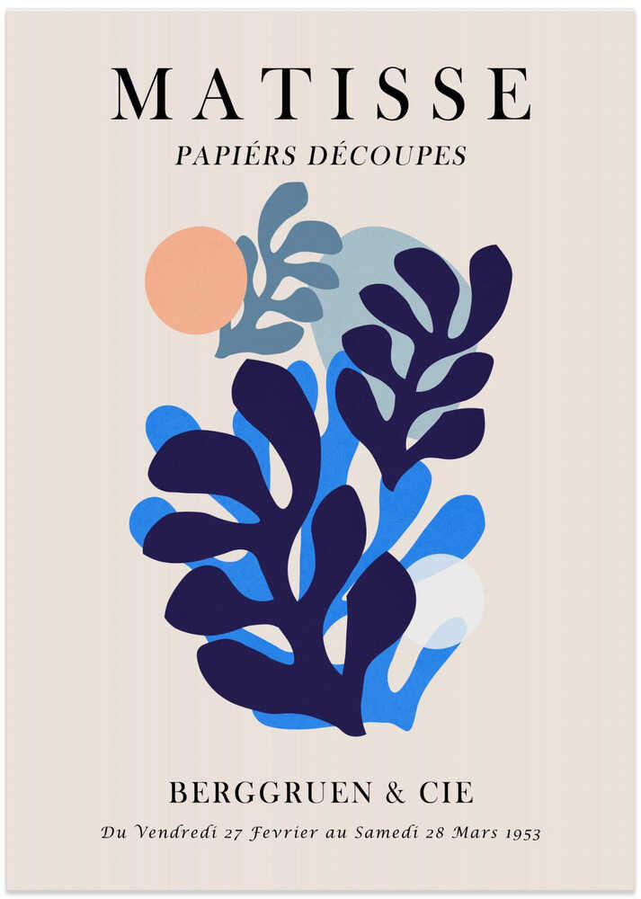 Henri Matisse Papiers Decoupes poster with blue leaves and a peach circle, Berggruen Paris 1953