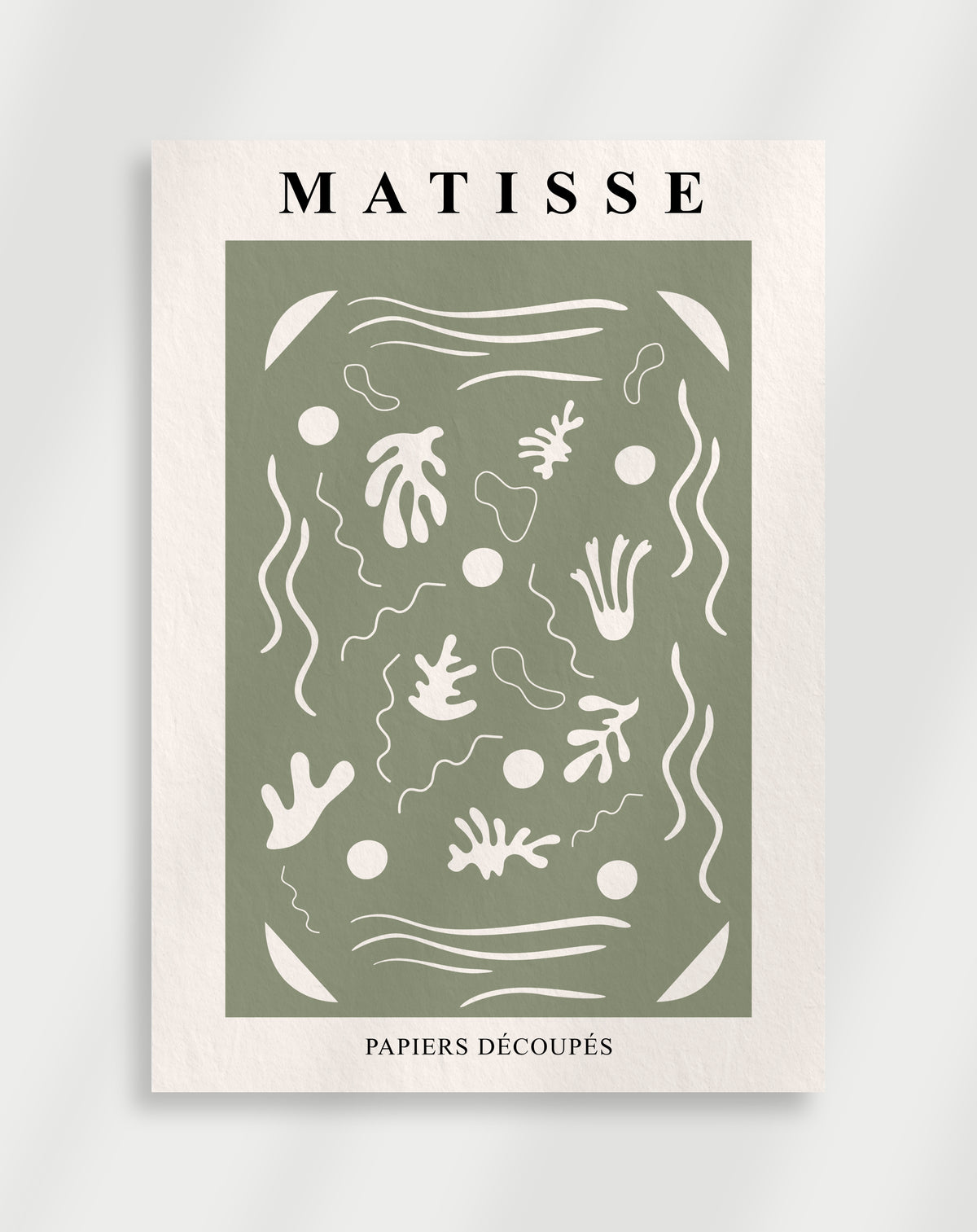 A poster featuring abstract art with a green background and various geometric shapes in white.