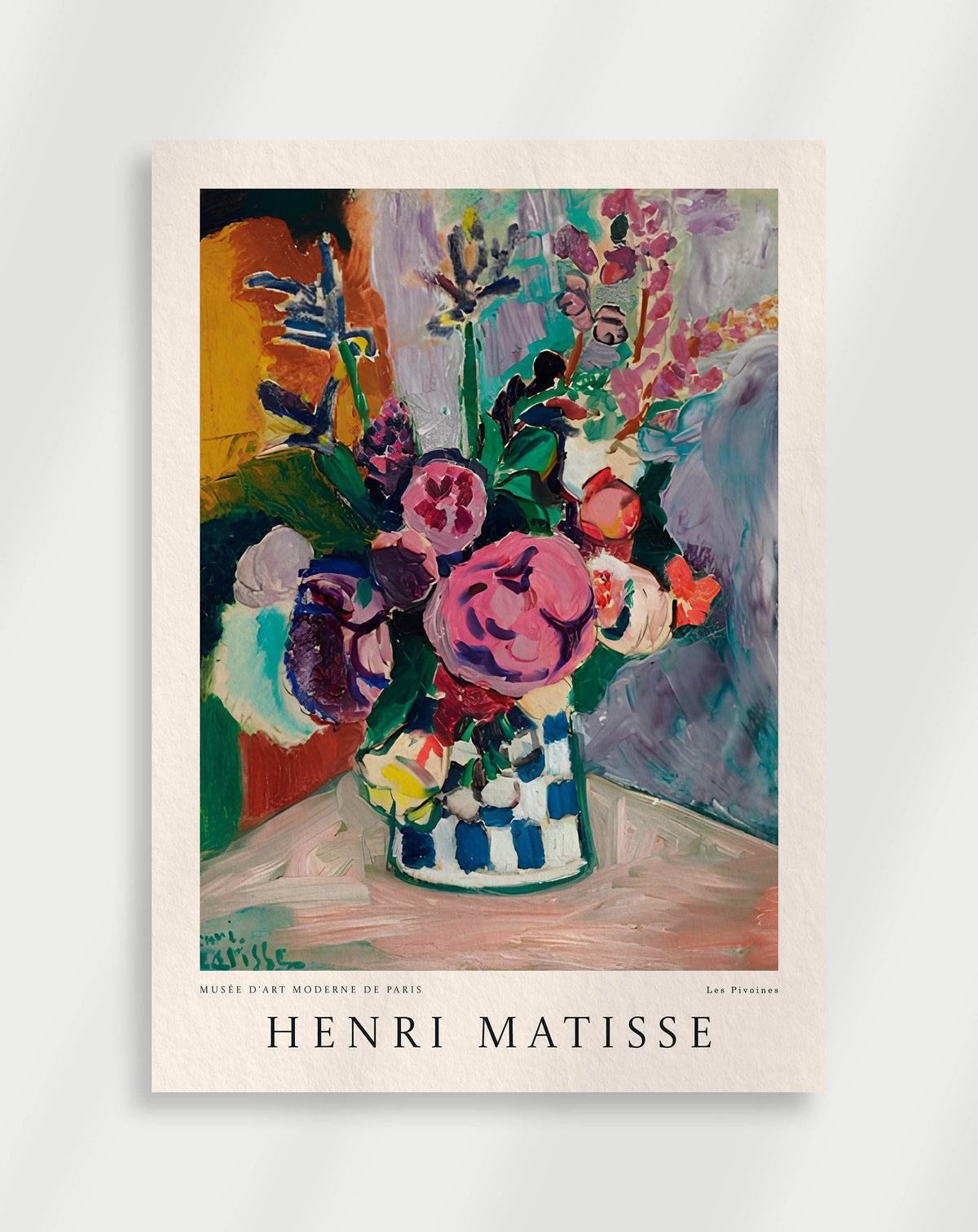 A poster featuring a vase of flowers, with a focus on Henri Matisse's artwork. The background is a solid color, and the vase contains various flowers, placed on a table with a checkered pattern.