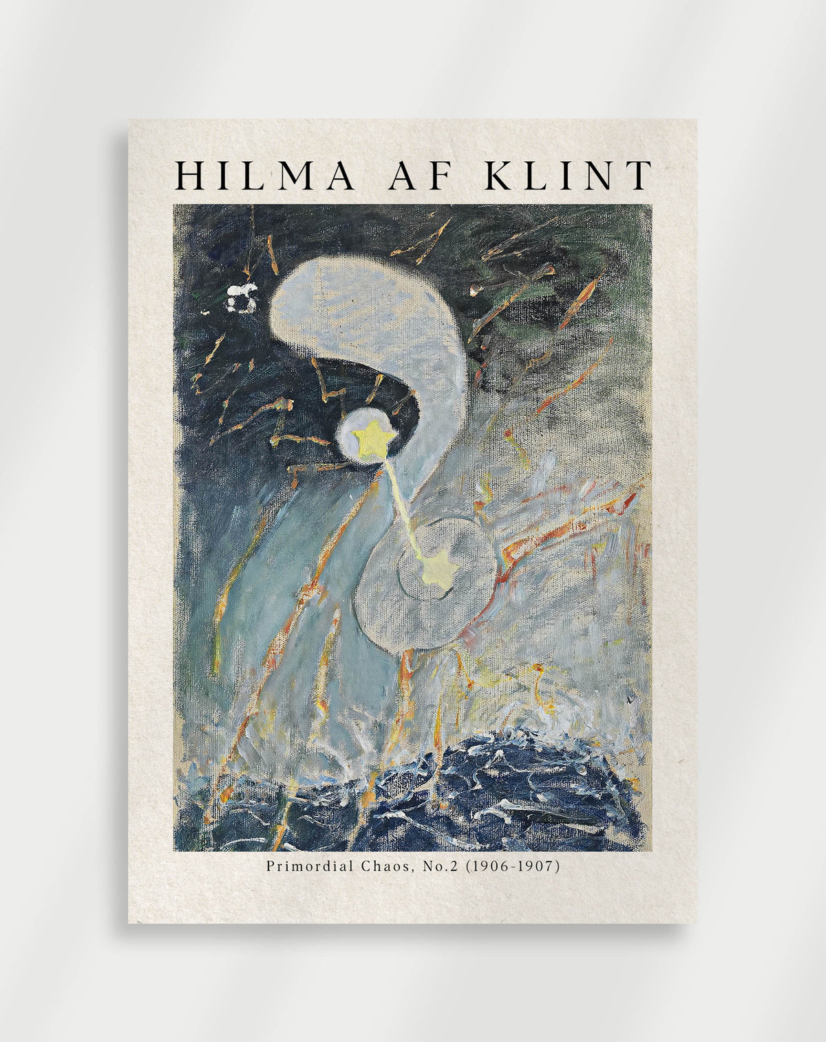 A poster featuring an abstract artwork with a blend of colors and geometric shapes, labeled with 'HILMA AF KLINT' at the top.
