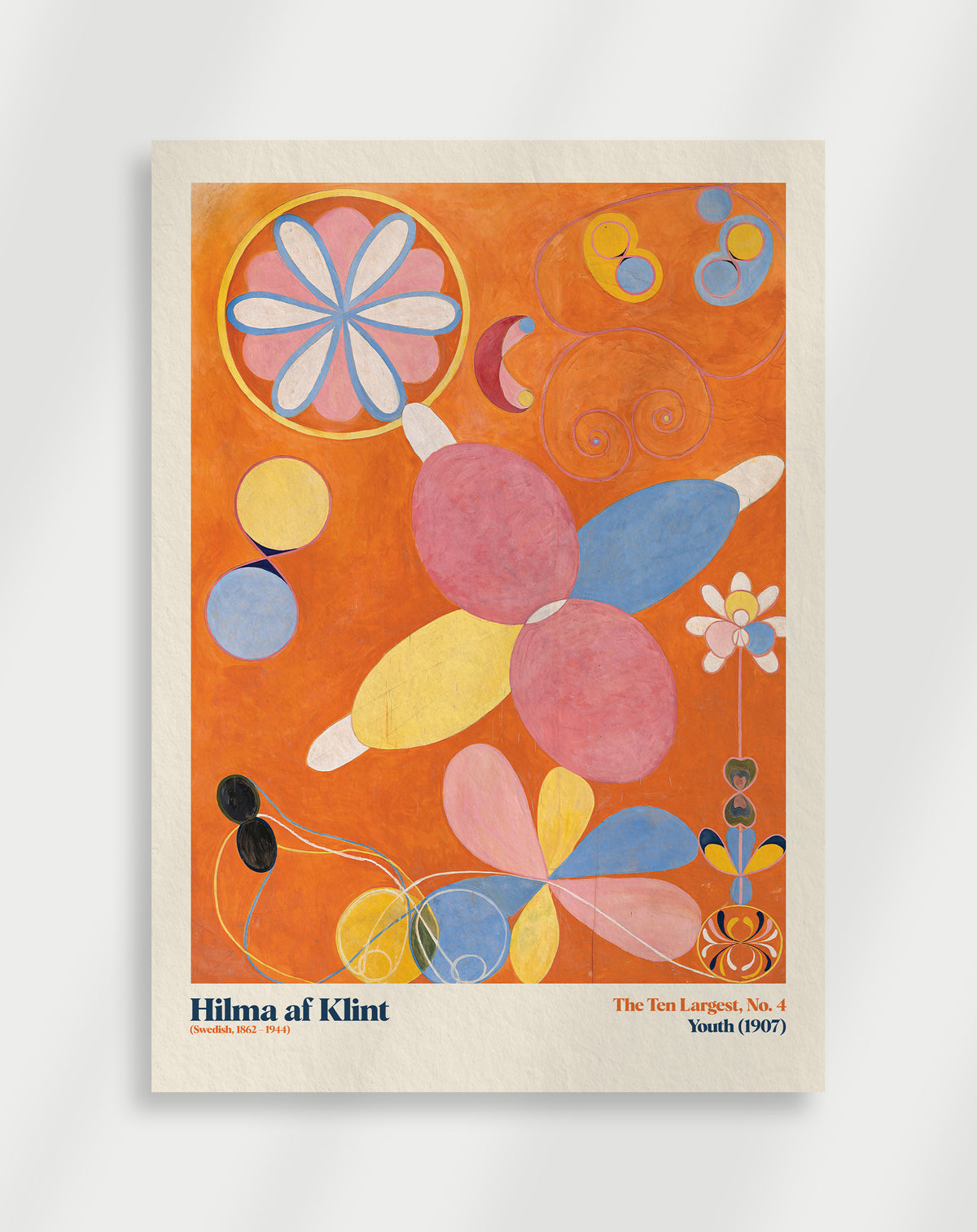 A colorful abstract art poster featuring various geometric shapes and floral patterns on an orange background, with 'Hilma af Klint' and 'The Ten Largest' text at the top.