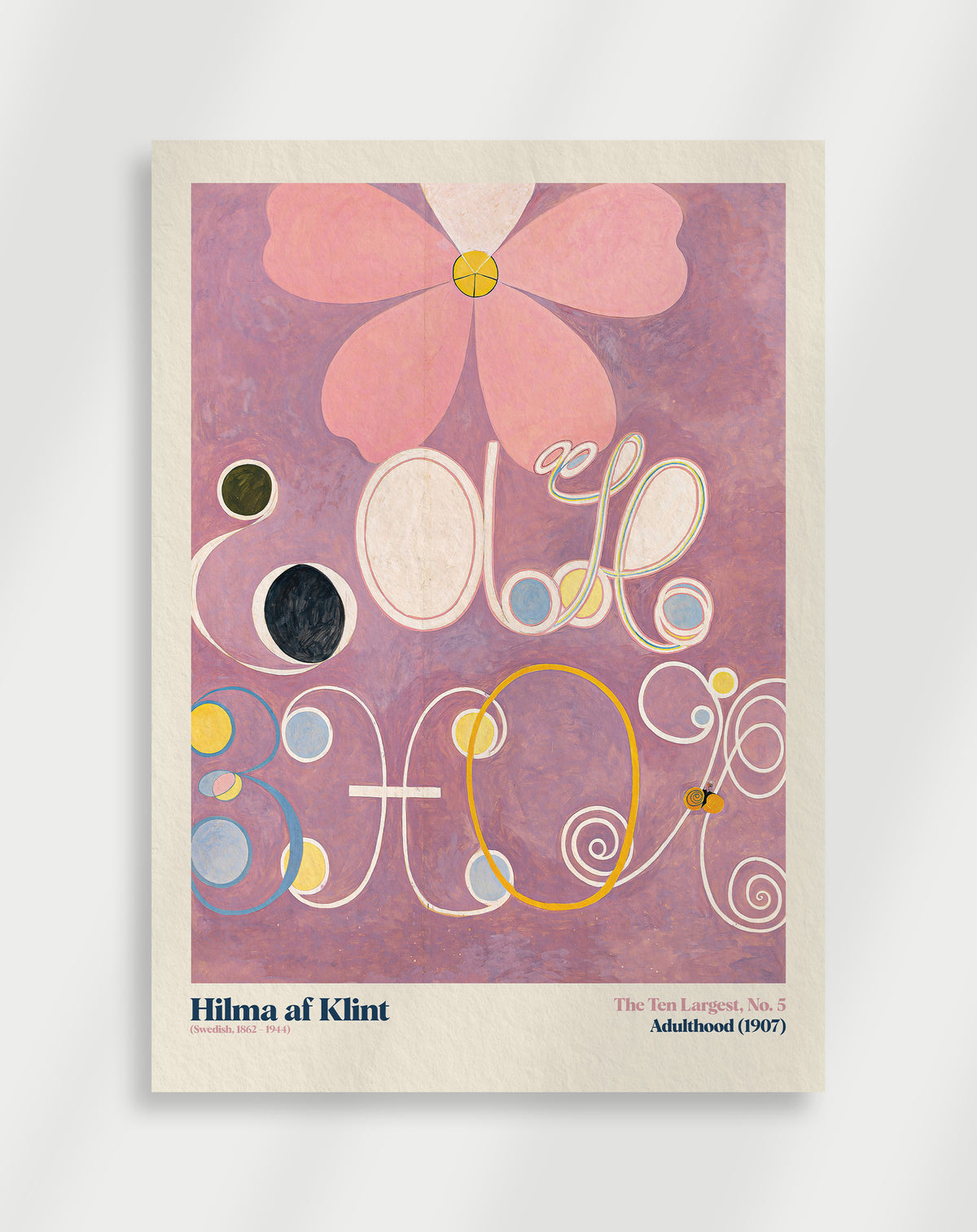 A poster featuring abstract shapes and colors in a geometric pattern, with a floral motif in the background, and the text 'Hilma af Klint - The Ten Larges No.5' at the bottom.