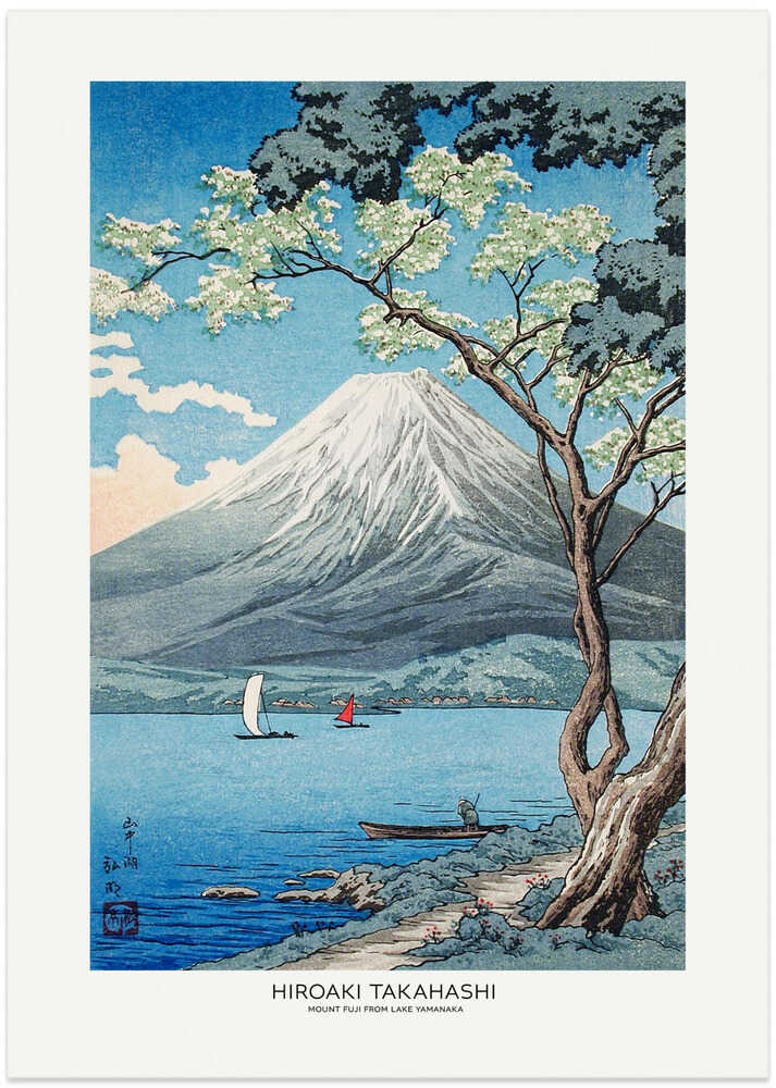 Hiroaki Takahashi Mount Fuji from Lake Yamanaka poster with a flowering tree and sailboats