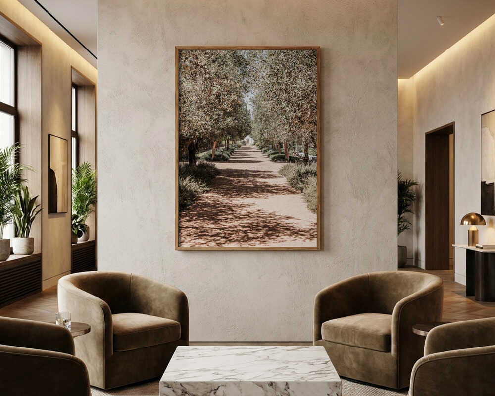 A Serene Tree Lined Path with Sunlight Poster