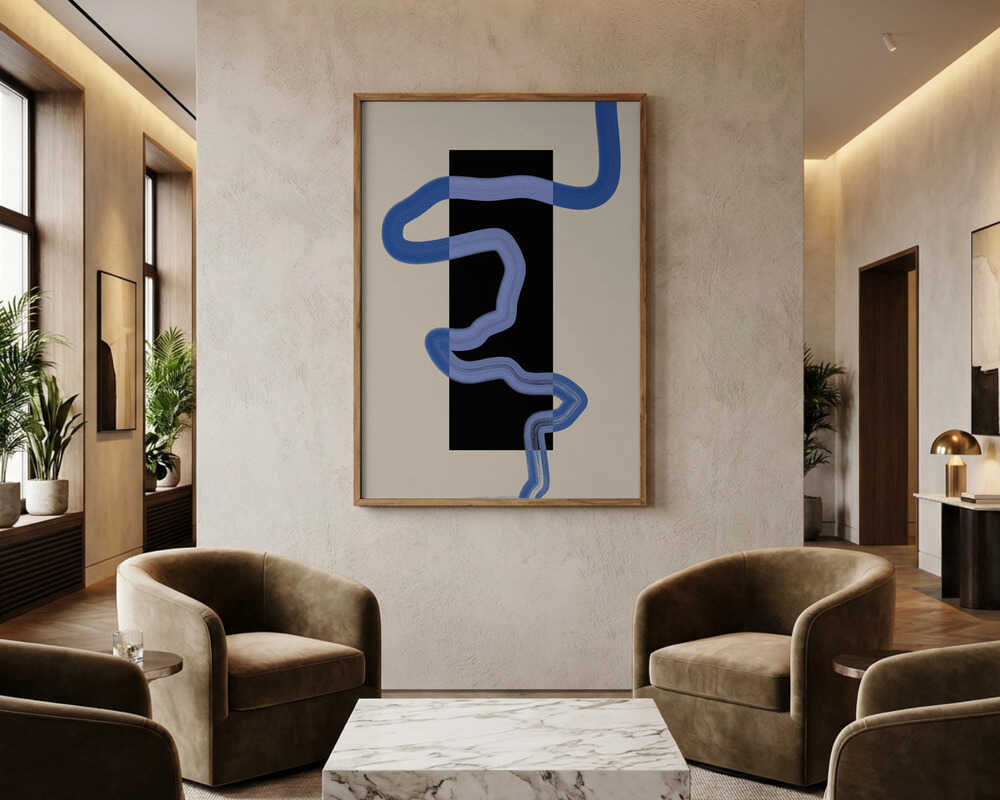 Poster mit fließenden blauen Linien im Rechteck