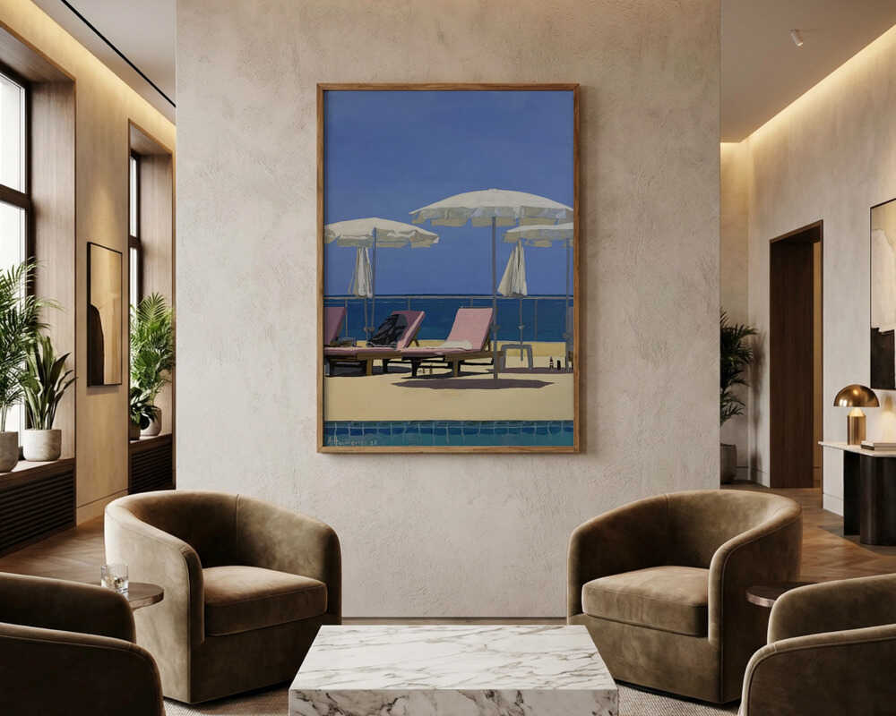 Poster mit Sonnenliegen am Sommerstrand