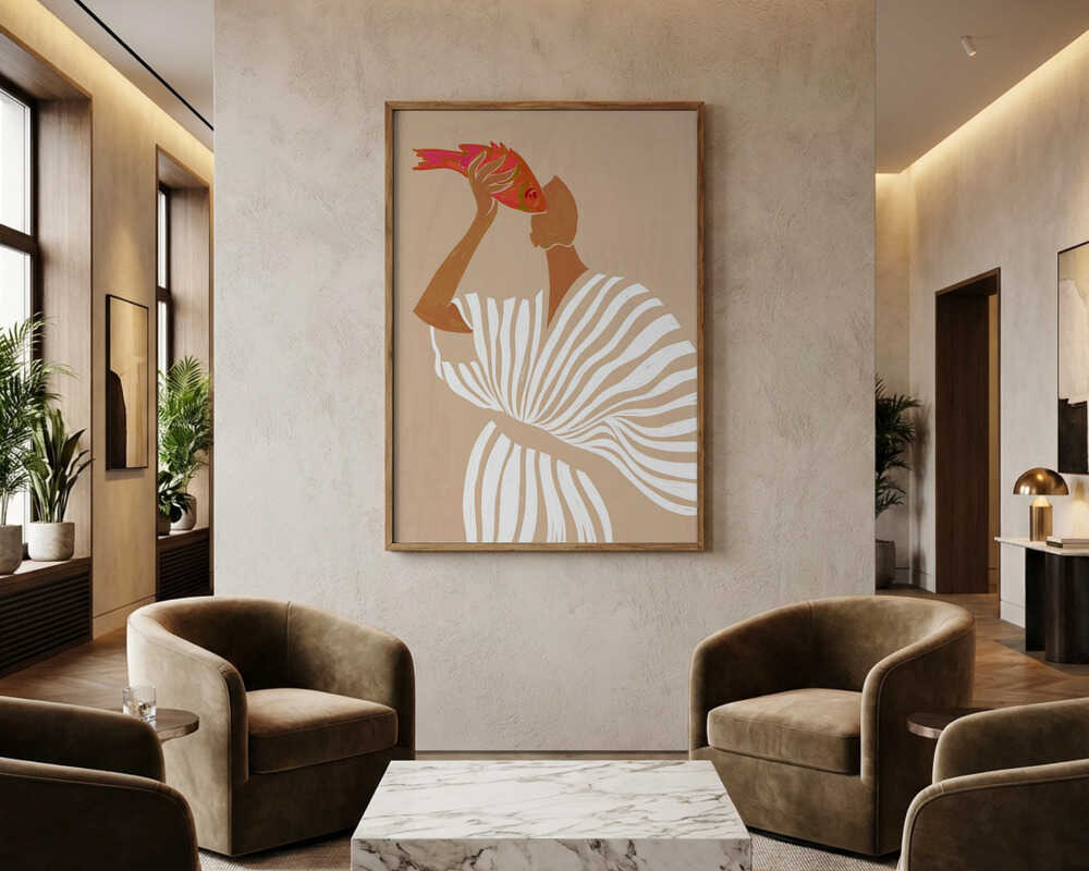 Frau bewundert Fische – Poster