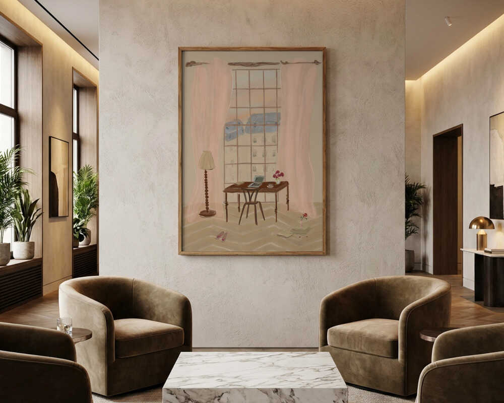 Paris Window View Illustration with Rustic Desk Poster