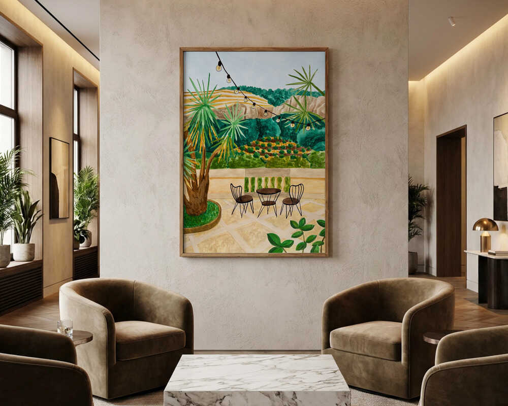 Poster mit üppigem Blick auf eine Terrasse