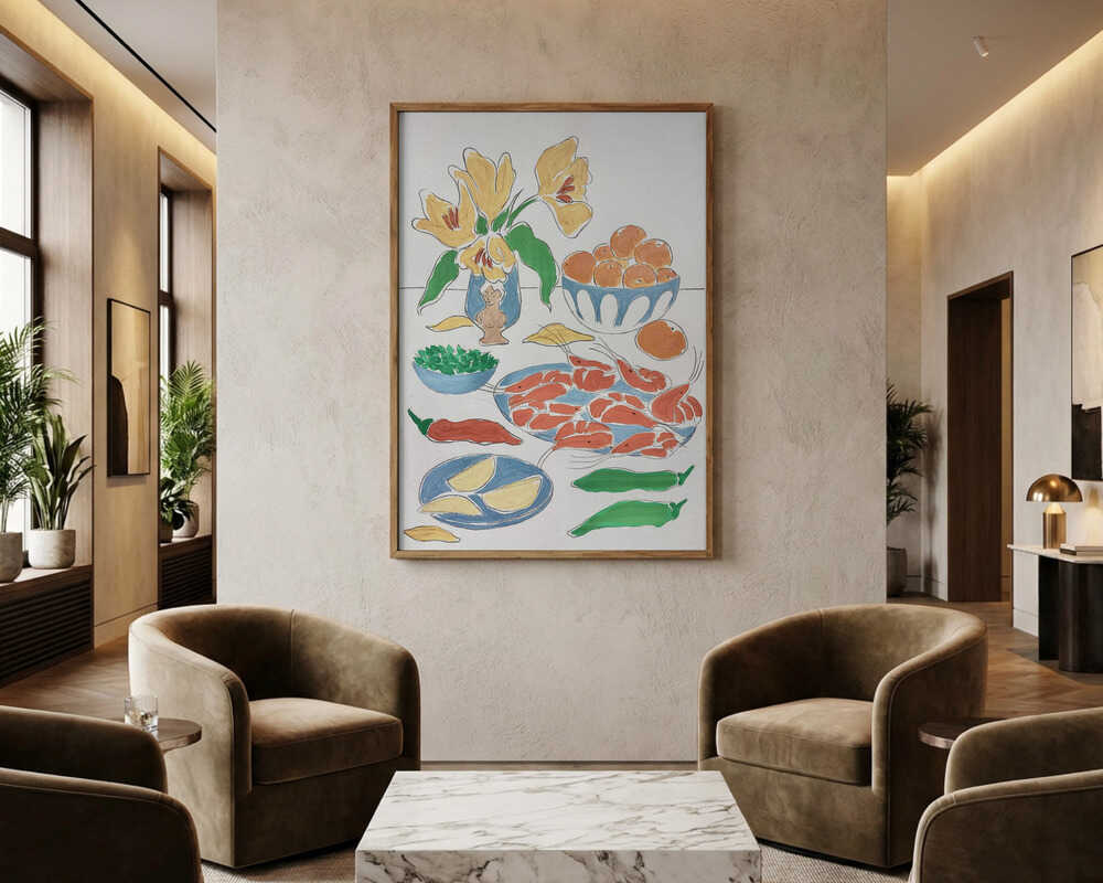 Poster mit frischen Blumen und Festmahl